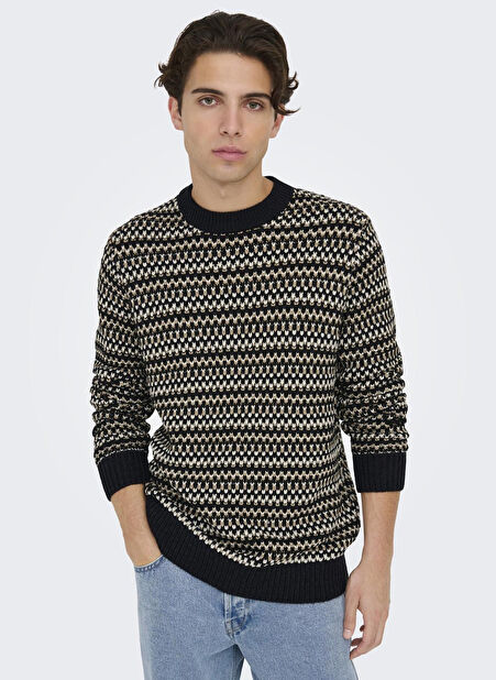 Only & Sons Lacivert Erkek O Yaka Çizgili Kazak 22027268_ONSMUSA REG 3 STRUC CREW K -1