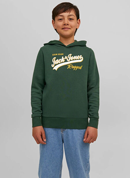 Jack & Jones Koyu Yeşil Erkek Çocuk Kapüşonlu Uzun Kollu Lastikli Baskılı Sweatshirt JJELOGO SWEAT HOOD 2 COL 22/23 NOOS -1