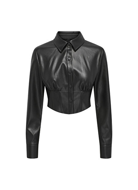 Only Dar Gömlek Yaka Düz Siyah Kadın Gömlek ONLMIA FAUX LEATHER SHIRT OTW -1