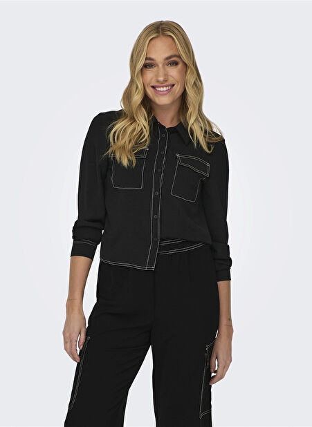 Only Normal Gömlek Yaka Düz Siyah Kadın Gömlek ONLMETTE SHORT CONTRAST LS SHIRT WV -1