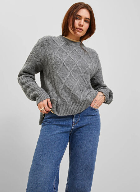 JJXX Bisiklet Yaka Rahat Baklava Desenli Gri Kazak Kadın JXFRIGGA CREW NECK KNIT -1