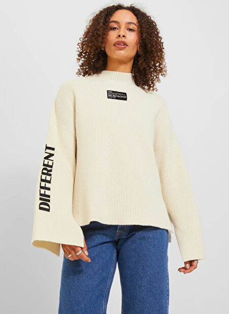 JJXX Bisiklet Yaka Oversized Baskılı Kırık Beyaz Kazak Kadın JXMAJA HIGH NECK KNIT -1