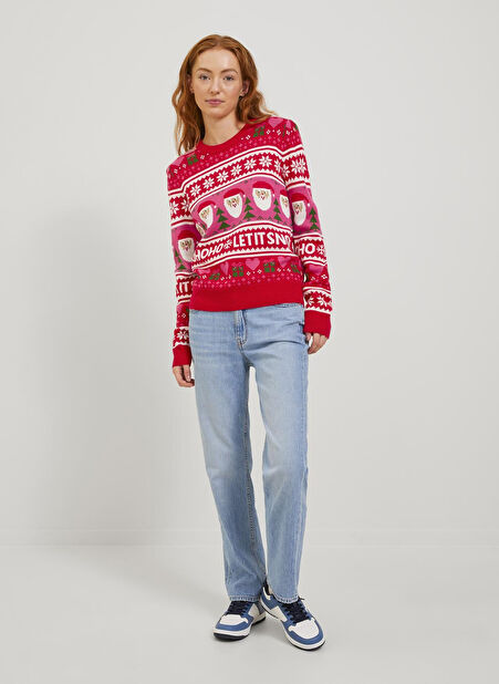 JJXX Bisiklet Yaka Normal Desenli Kırmızı Kazak Kadın JXMAS CREW NECK KNIT -1
