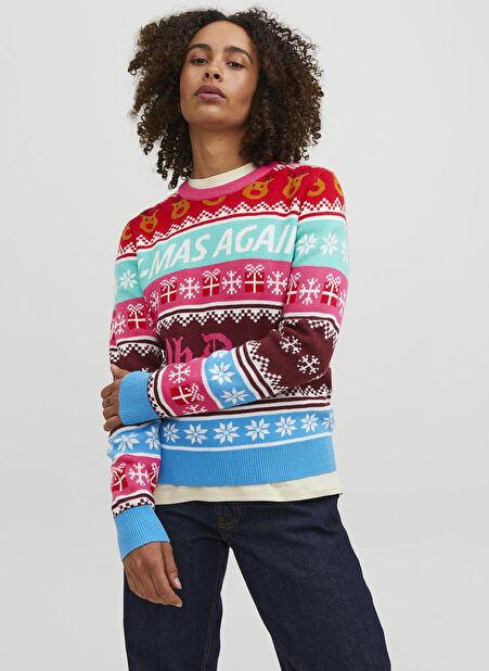 JJXX Bisiklet Yaka Normal Desenli Mavi Kazak Kadın JXMAS CREW NECK KNIT -1