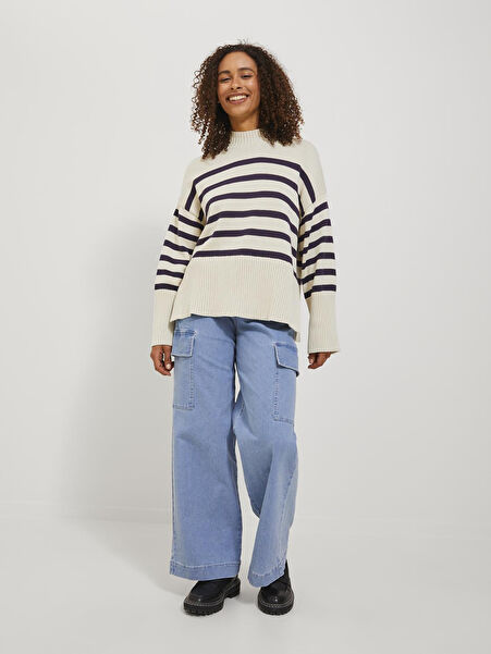 JJXX Bisiklet Yaka Bol Kesim Çizgili Kırık Beyaz Kazak Kadın JXSIA HIGH NECK KNIT -1