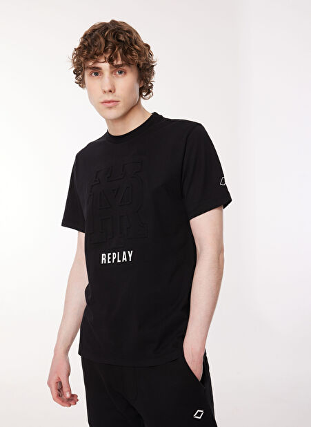 Replay Bisiklet Yaka Desenli Siyah Erkek T-Shirt M6681 098 BLACK -1