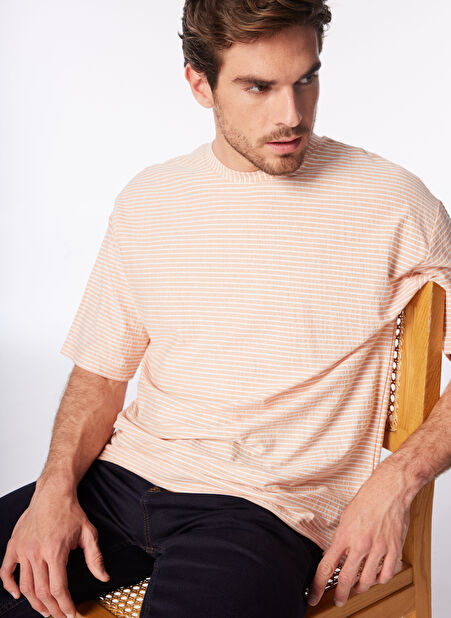 Fabrika Turuncu Erkek Bisiklet Yaka Loose Fit Çizgili T-Shirt F4SM-TST 036 -1