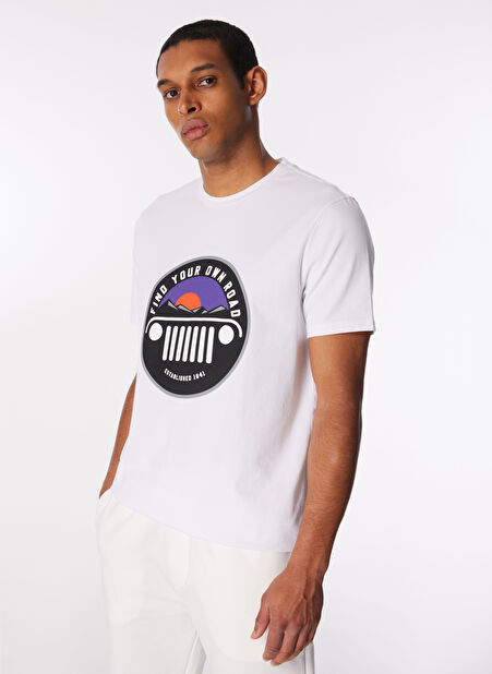 Jeep Bisiklet Yaka Baskılı Kırık Beyaz Erkek T-Shirt J4SM-TST7241 -1