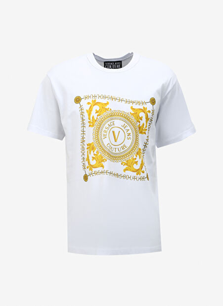 Versace Jeans Couture Bisiklet Yaka Beyaz Erkek T-Shirt 75GAHF07CJ00FG03 -1