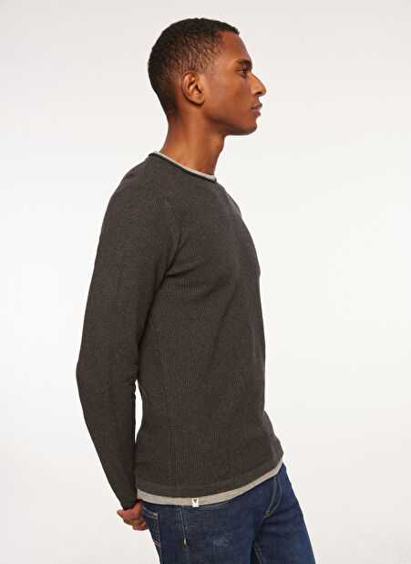 Fred Mello Bisiklet Yaka Slim Fit Antrasit Melanj Erkek Kazak FM23W07MG -1