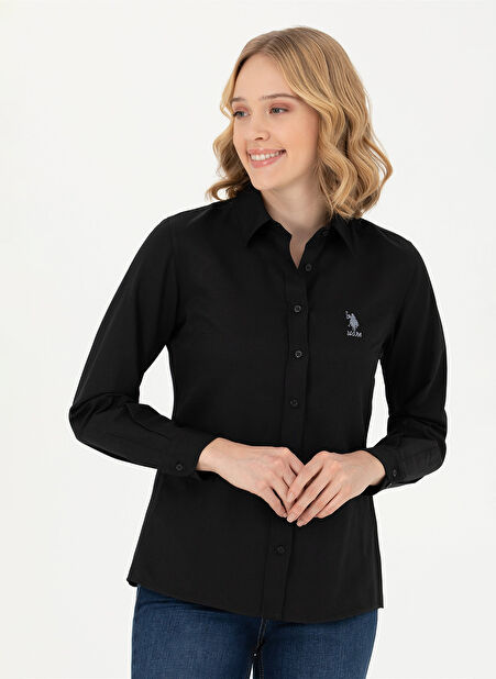 U.S. Polo Assn. Slim Fit Gömlek Yaka Düz Siyah Kadın Gömlek WOX023K -1