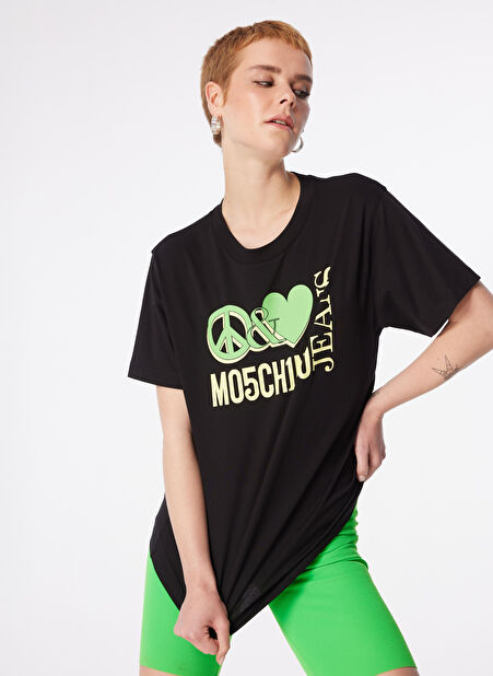 Moschino Jeans Yuvarlak Yaka Baskılı Siyah Kadın T-Shirt 241K1J0709 -1