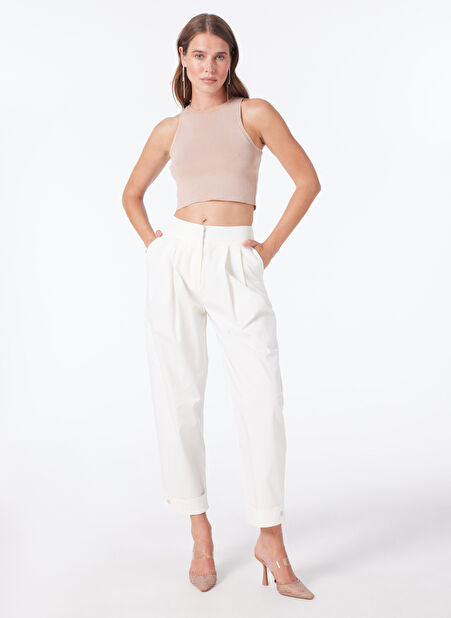 People By Fabrika Yüksek Bel Bol Kesim Krem Kadın Pantolon SPBF4SL-PNT5052 -1