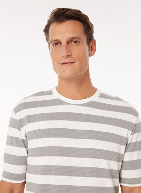 People By Fabrika Bisiklet Yaka Çizgili Gri Erkek T-Shirt SPBF4SM-TST5011 -1