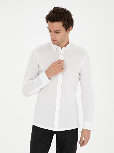 Cacharel Slim Fit Gömlek Yaka Düz Beyaz Erkek Gömlek REMO -1