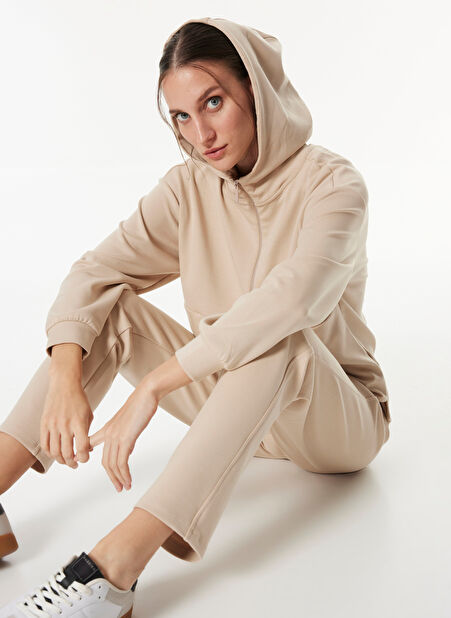 Açık Bej Kadın Kapüşon Yaka Oversize Sweatshirt F4WL-SWT0572 -1