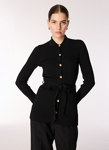 Siyah Kadın Polo Basic Fitilli Hırka F4WL-HRK0066 -1