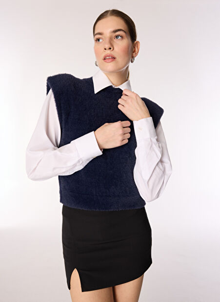 Lacivert Kadın Dik Yaka Crop Kazak F4WL-KZK0391 -1