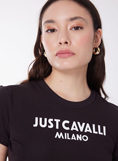 Just Cavalli Yuvarlak Yaka Baskılı Siyah - Beyaz Kadın T-Shirt 76PAHE13 -1