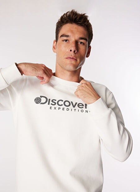 Ekru Erkek Bisiklet Yaka Relaxed Baskılı Sweatshirt D4WM-SWT3225 -1