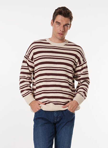 Erkek Kahve - Bej Bisiklet Yaka Loose Fit Çizgili Kazak M4WM-KZK-1622 -1