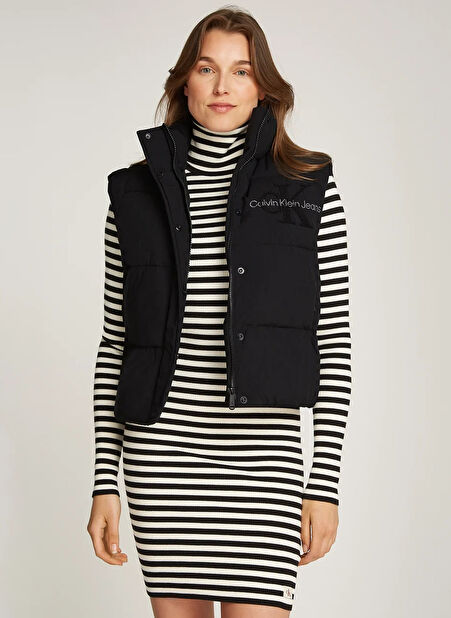 Dik Yaka Nakışlı Siyah Kadın Yelek CHENILLE MONOLOGO VEST -1