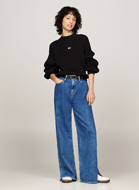 Dik Yaka Nakışlı Siyah Kadın Kazak TJW BADGE MOCKNECK SWEATER -1