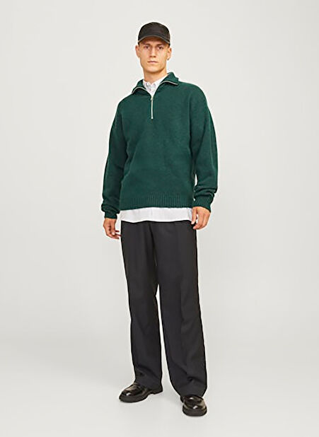 Jack & Jones Dik Yaka Relaxed Koyu Yeşil Erkek Kazak 12241817_JOROLLIE KNIT HALF ZIP SN -1