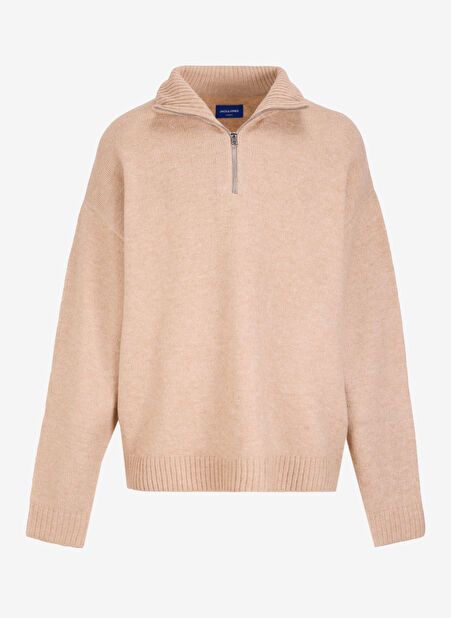 Jack & Jones Dik Yaka Relaxed Bej Erkek Kazak 12241817_JOROLLIE KNIT HALF ZIP SN -1