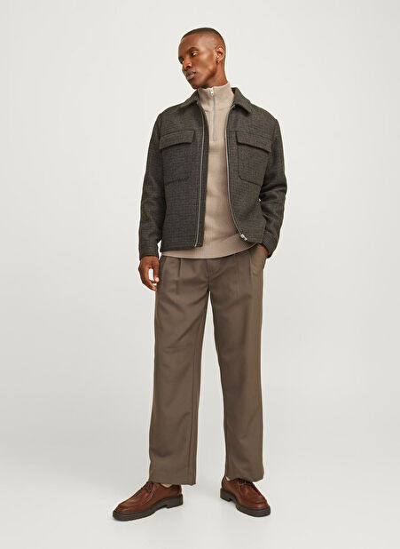 Jack & Jones Dik Yaka Regular Fit Kahve Erkek Kazak 12258473_JJPANNEL KNIT HALF ZIP AW2 -1