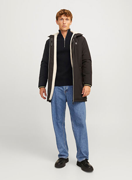 Jack & Jones Dik Yaka Regular Fit Siyah Erkek Kazak 12258473_JJPANNEL KNIT HALF ZIP AW2 -1