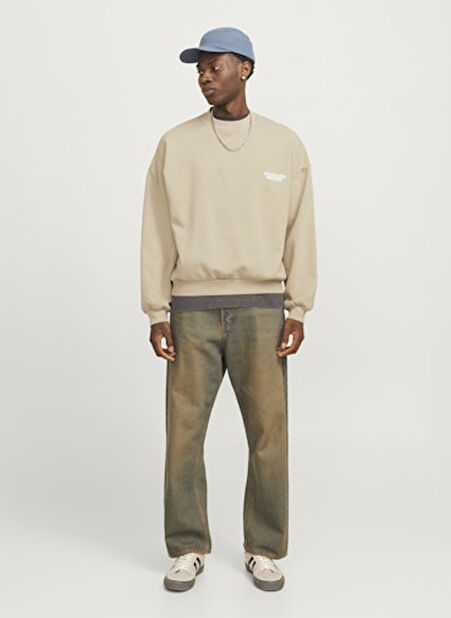 Jack & Jones Bisiklet Yaka Bej Erkek Sweatshırt 12266178_JORRIDGEWOOD WASH SWEAT CR -1