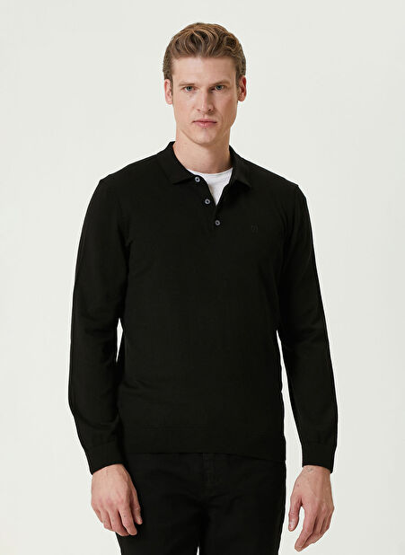 Network Polo Yaka Slim Fit Düz Siyah Erkek Kazak 1091789 -1