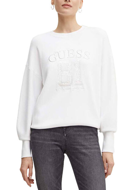 Guess Bisiklet Yaka Normal Desenli Beyaz Kazak Kadın VIVIANA LOGO RN LS S - NEEDLE SINTH -1