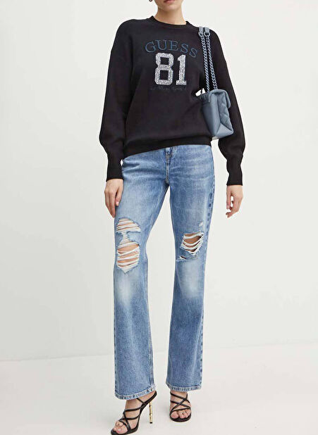 Guess Bisiklet Yaka Normal Desenli Siyah Kazak Kadın VIVIANA LOGO RN LS S - NEEDLE SINTH -1