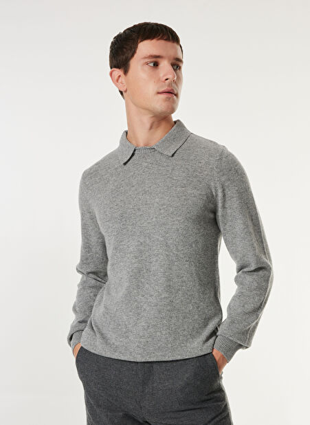 E 4.0 Design Studio x Fabrika Polo Yaka Basic Düz Gri Melanj Erkek Kazak F4WM-KZK F54 -1
