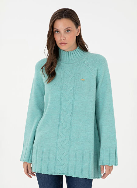 U.S. Polo Assn. Dik Yaka Oversize Su Yeşili Kazak Kadın MERA -1