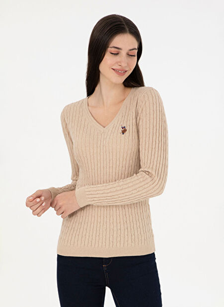 U.S. Polo Assn. V Yaka Slim Fit Kum Melanj Kazak Kadın TK03-BSK24 -1