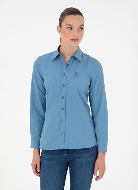 U.S. Polo Assn. Slim Fit Bisiklet Yaka Koyu Mavi Kadın Gömlek WOX024K -1