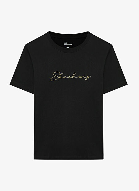 S242166-001 W Graphic Siyah Kadın Yuvarlak Yaka Normal Kalıp T-Shirt -1