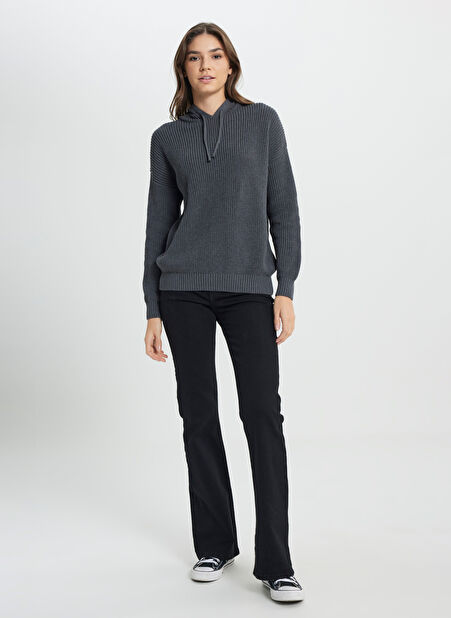 Wrangler Kapüşon Yaka Relaxed Koyu Gri Kazak Kadın W242711040 Dark Gray Triko-Hırka -1