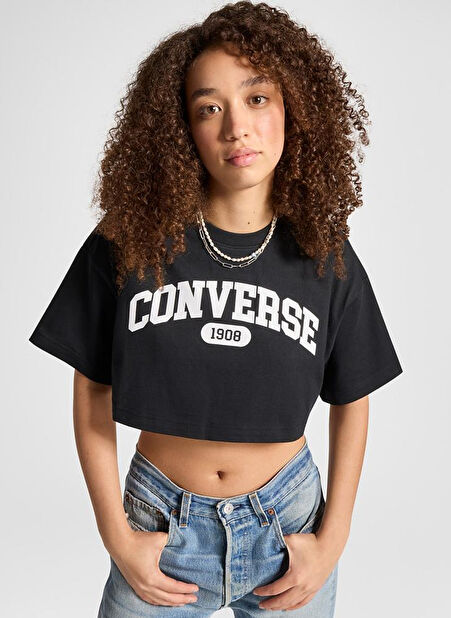 CONVERSE SPORTY CROPPED TEE BLACK Siyah Yuvarlak Yaka Crop Baskılı Kadın T-Shirt -1