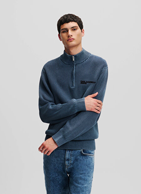 Karl Lagerfeld Jeans Dik Yaka Standart Düz Mavi Erkek Kazak 246D2003_KLJ RELAXED HALF ZIP SWEAT -1