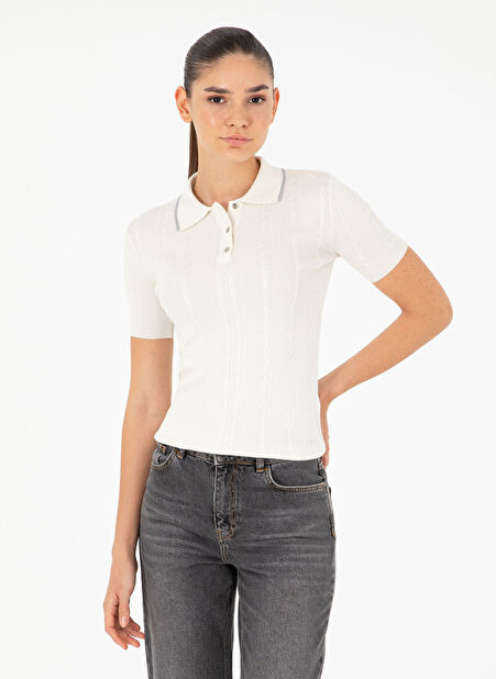 Pierre Cardin Gömlek Yaka Slim Fit Ekru Kazak Kadın REZA-T -1