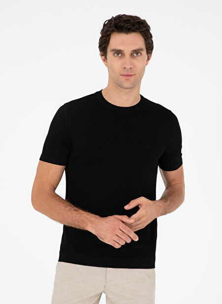 Cacharel Bisiklet Yaka Slim Fit Düz Siyah Erkek Kazak BURY -1