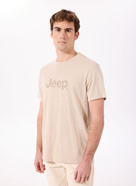 Jeep Bisiklet Yaka Baskılı Bej Erkek T-Shirt J5SM-TST7322 -1