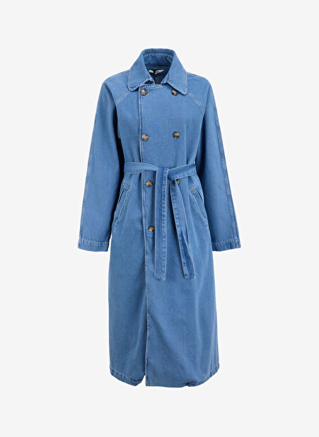 Denim Trip Açık İndigo Kadın Trençkot Oversize Fit Kuşaklı Düğmeli Açık İ -1