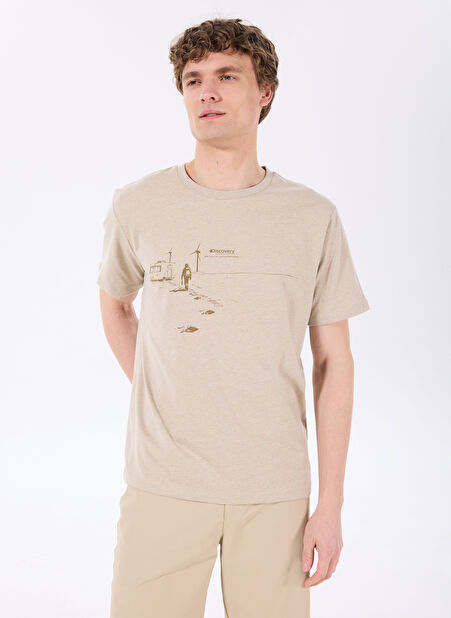D5SM-TST3744 Bej Melanj Bisiklet Yaka Relaxed Baskılı Erkek T-Shirt -1