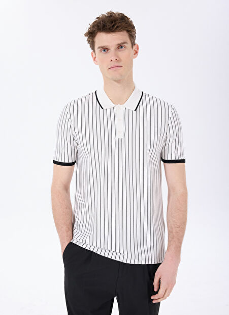 Beyaz Erkek Polo Yaka Basic Çizgili Kazak F5SM-KZK 2074 -1