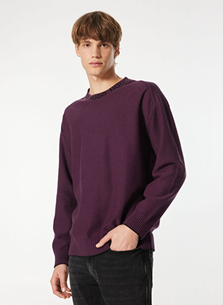 Hugo Bisiklet Yaka Oversize Düz Mor Erkek Kazak 50474813_Smarlo -1